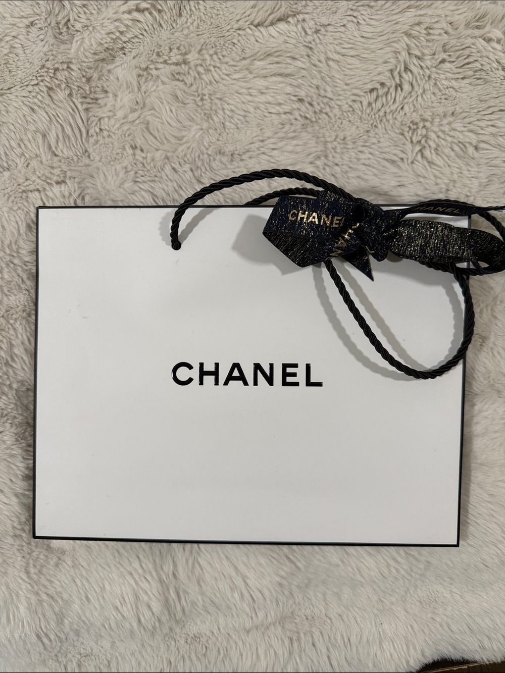 CHANEL White and Black Branded Gift Bag with Black Ribbon Bow